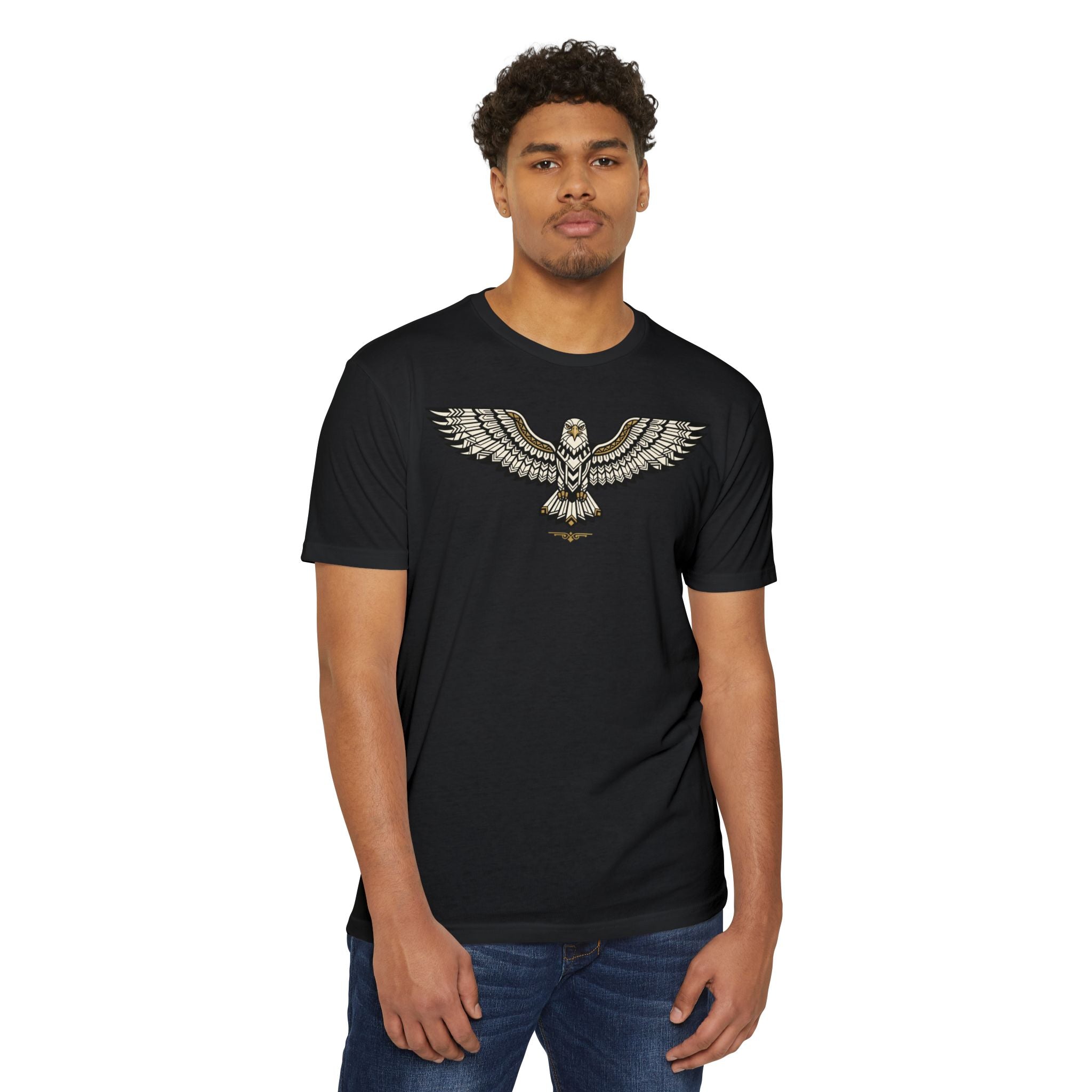 Black T-shirt with gold and gray soaring owl graphic across the chest