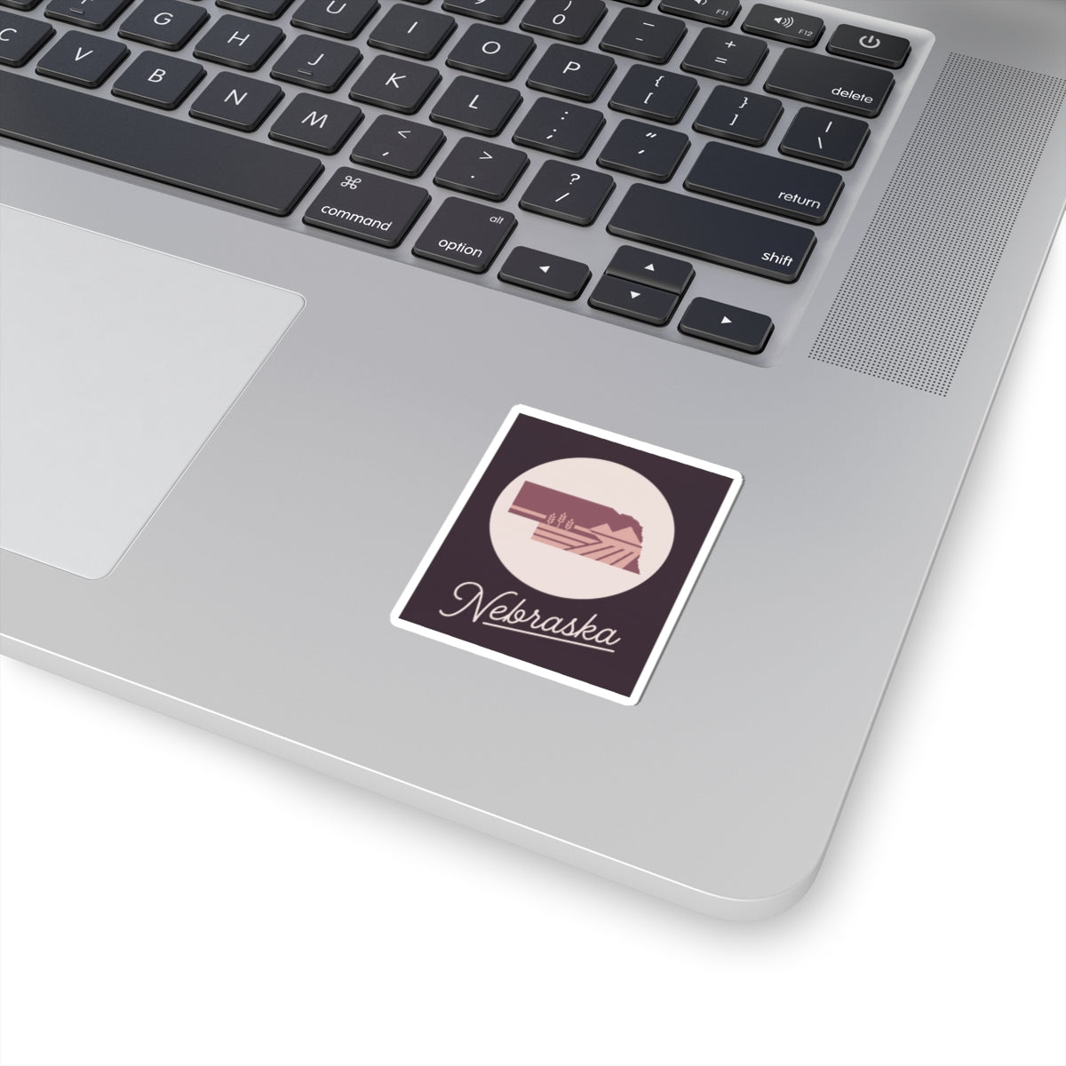 Nebraska state sticker with farm silhouette, square kiss-cut decal