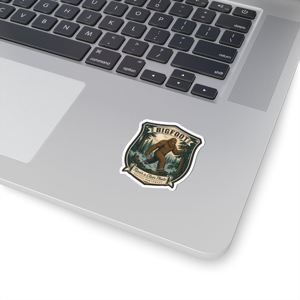 Bigfoot hiking badge sticker with illustrated Sasquatch scene, white border