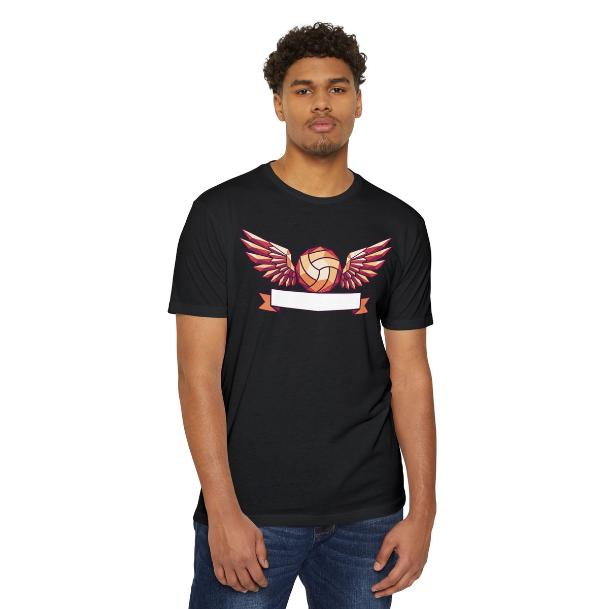 Black volleyball T-shirt with red winged volleyball graphic and ribbon banner.