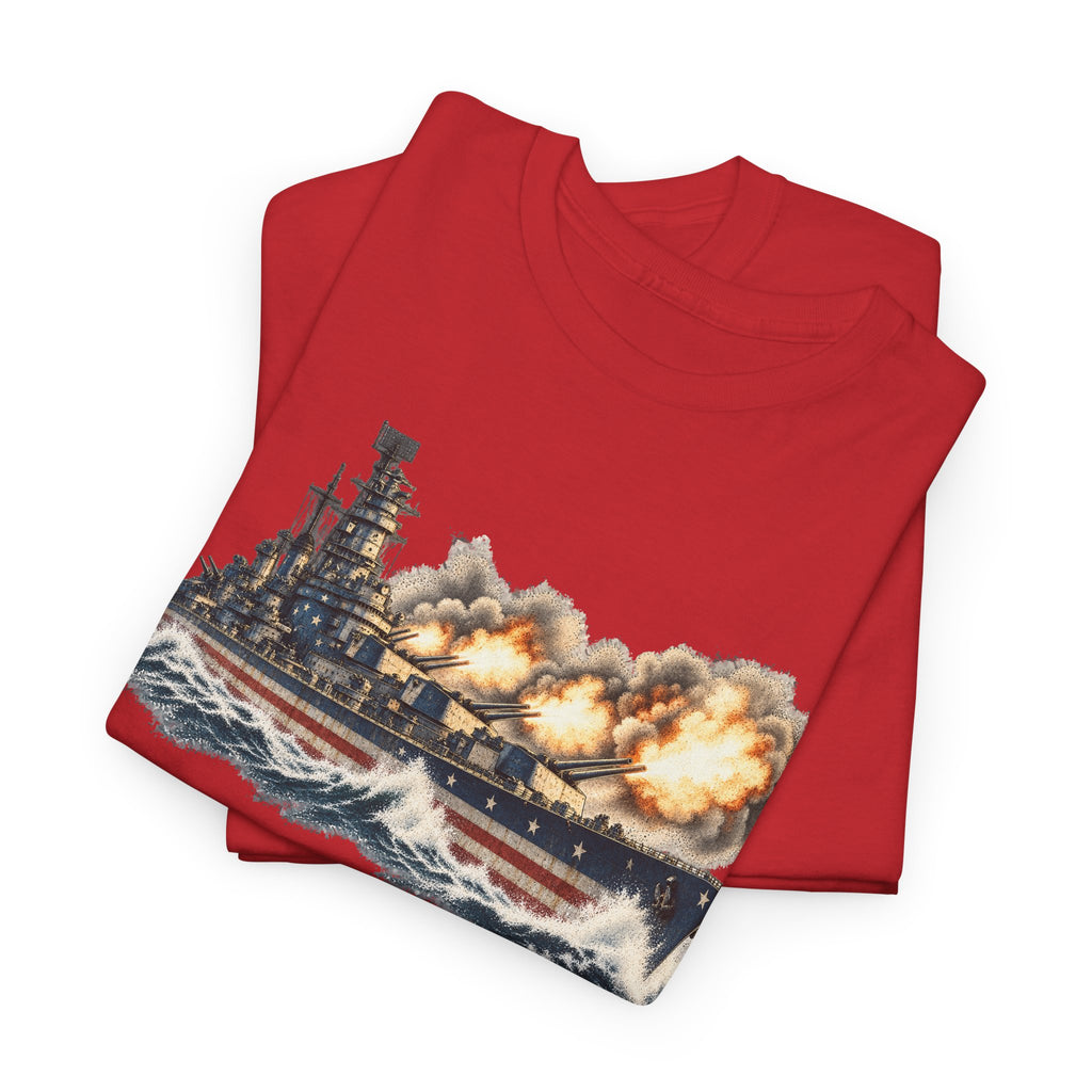 Red crew-neck T-shirt with battleship graphic and smoke cloud print on front