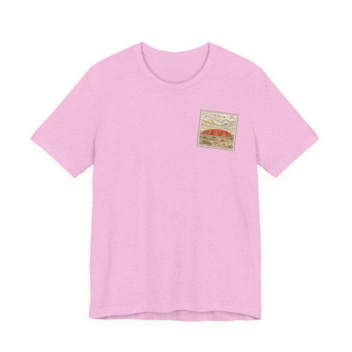 Heather pink crewneck T-shirt with small postage-stamp style chest graphic