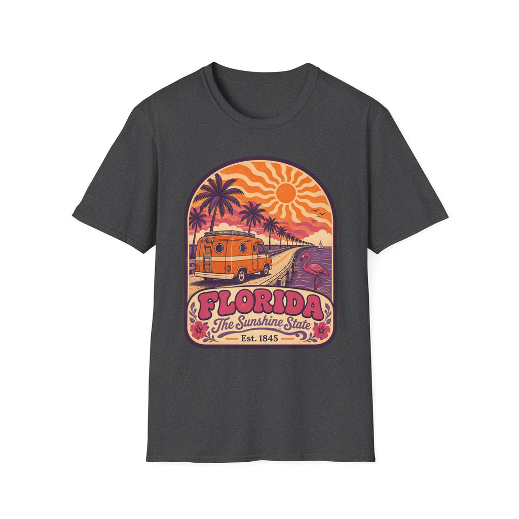 Unisex dark gray graphic t-shirt with Florida palm sunset camper and Est. 1845 badge