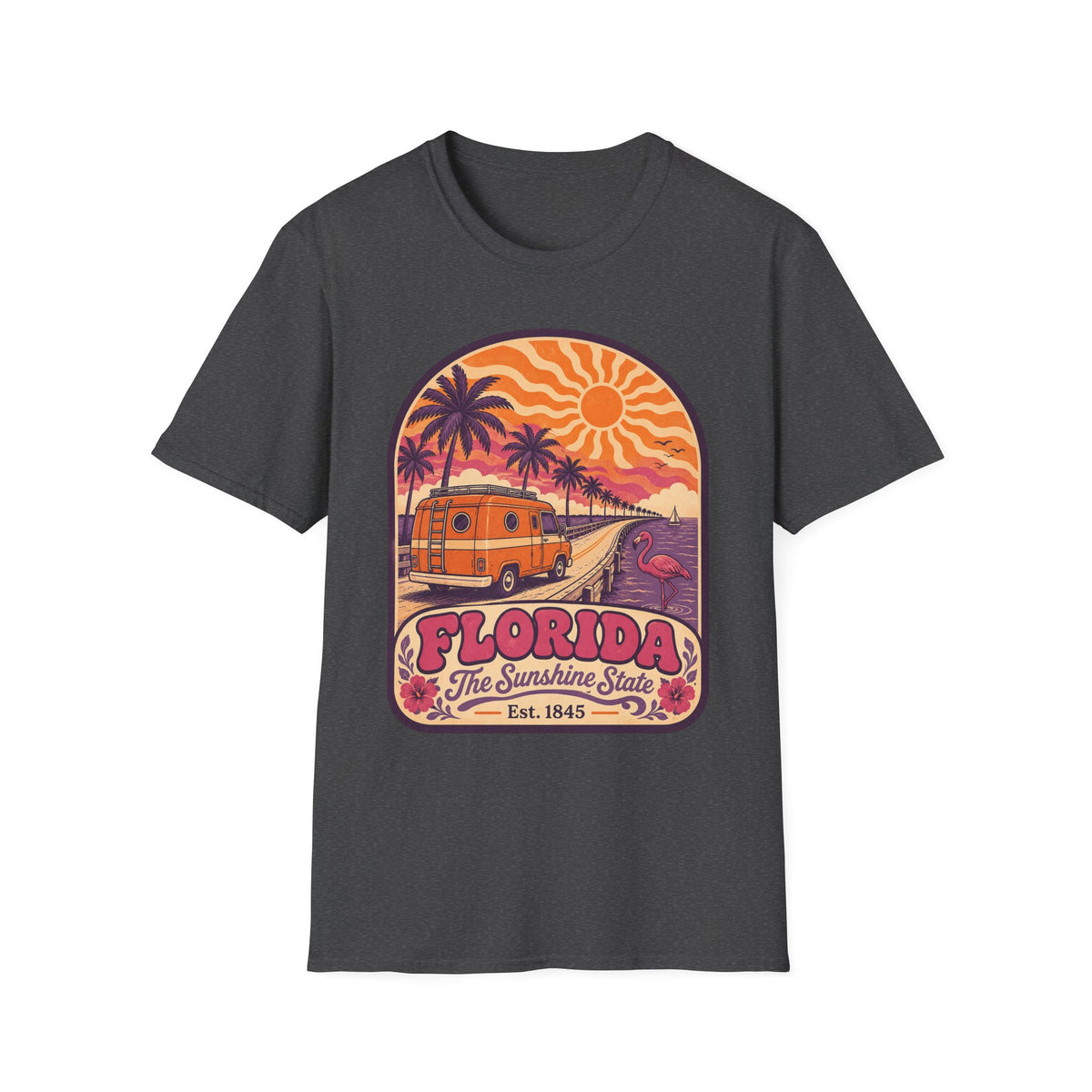 Unisex dark gray graphic t-shirt with Florida palm sunset camper and Est. 1845 badge