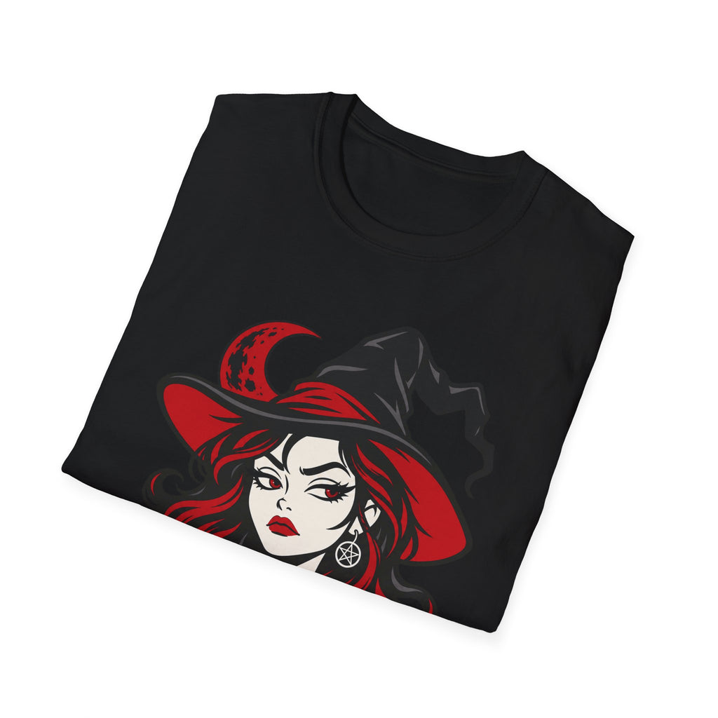 Black Halloween witch face graphic T-shirt with red hat and moon accents