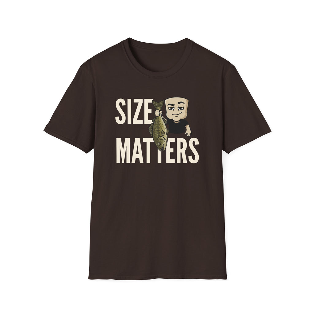 Dark brown T-shirt with “SIZE MATTERS” graphic of a man holding a fish