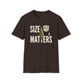 Dark brown T-shirt with “SIZE MATTERS” graphic of a man holding a fish