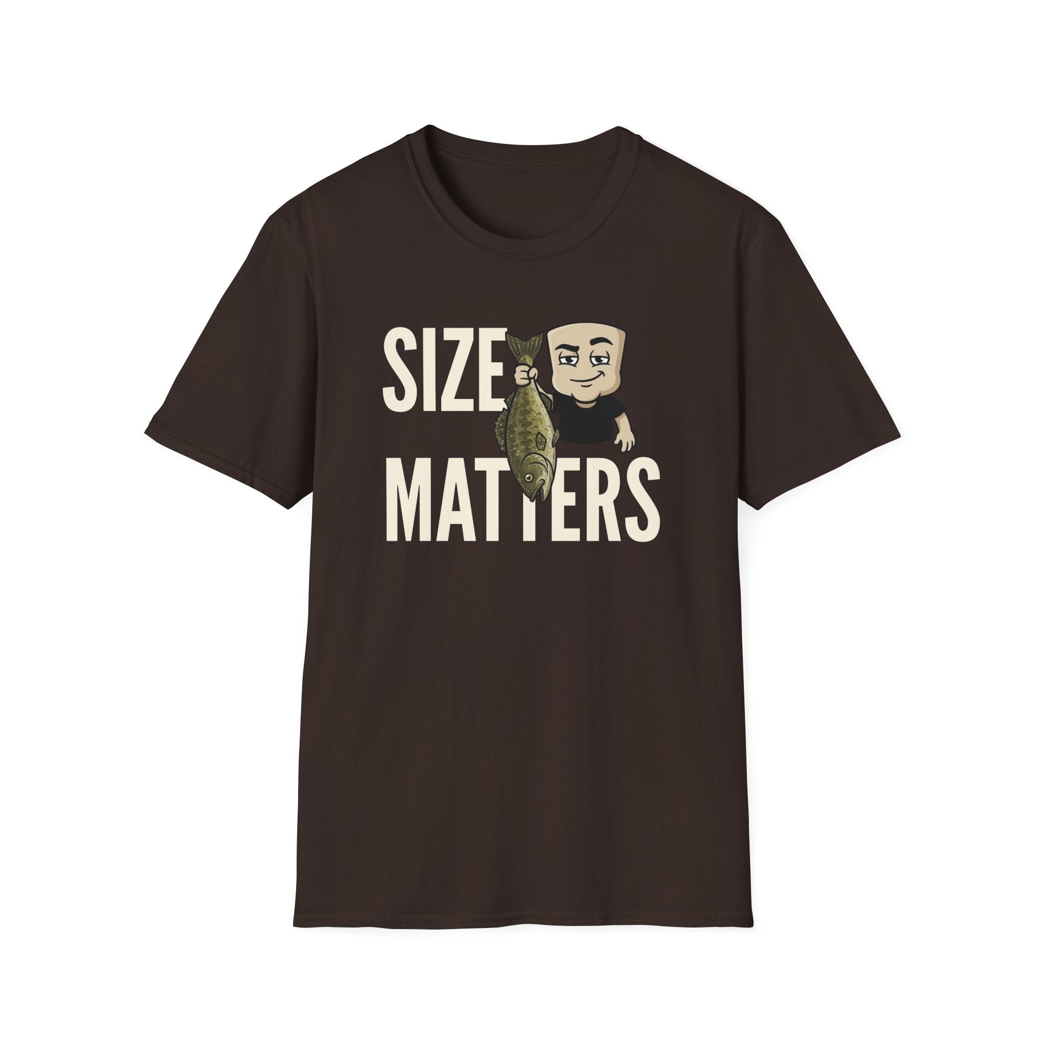 Dark brown T-shirt with “SIZE MATTERS” graphic of a man holding a fish