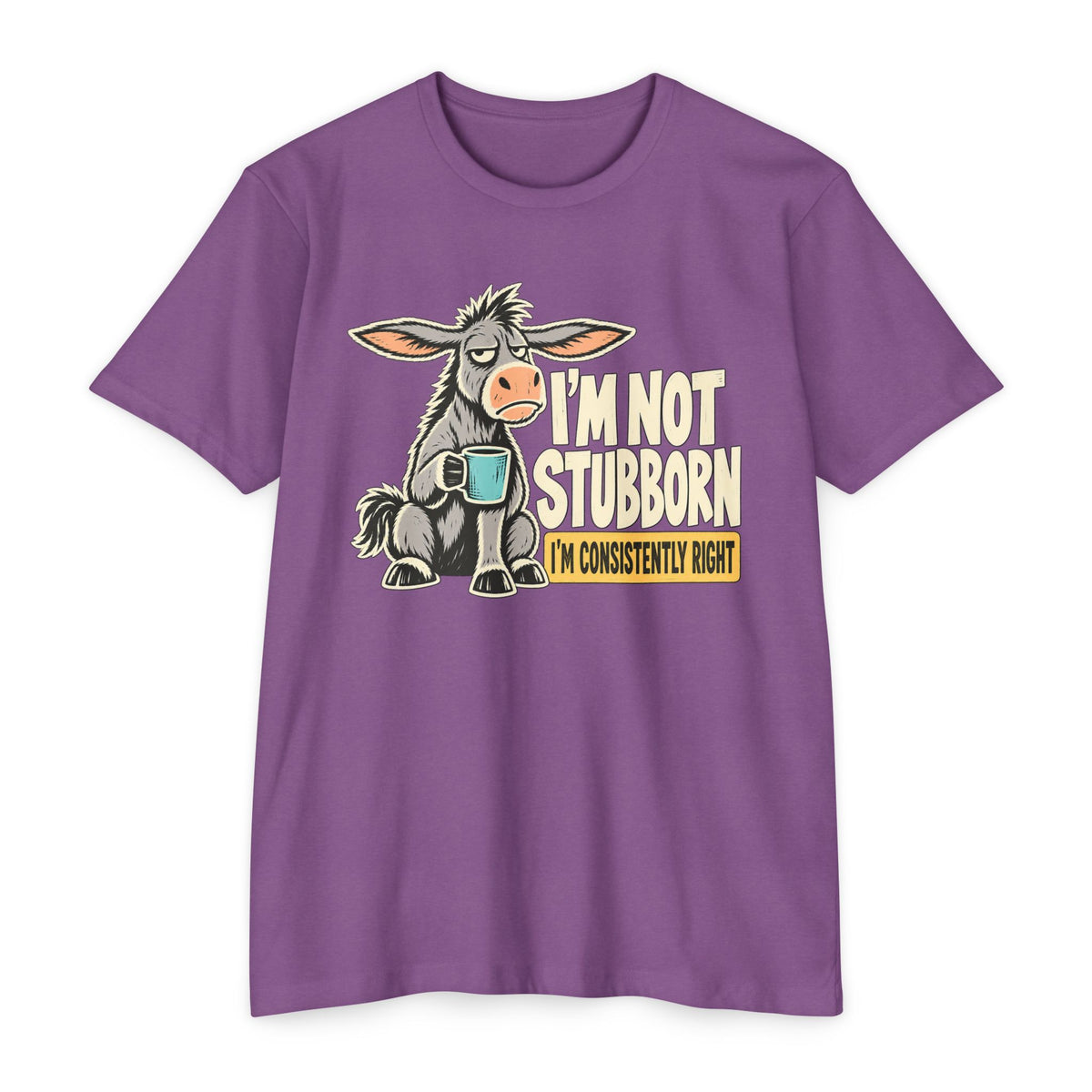 Purple crew-neck T-shirt with cartoon donkey coffee graphic on the front