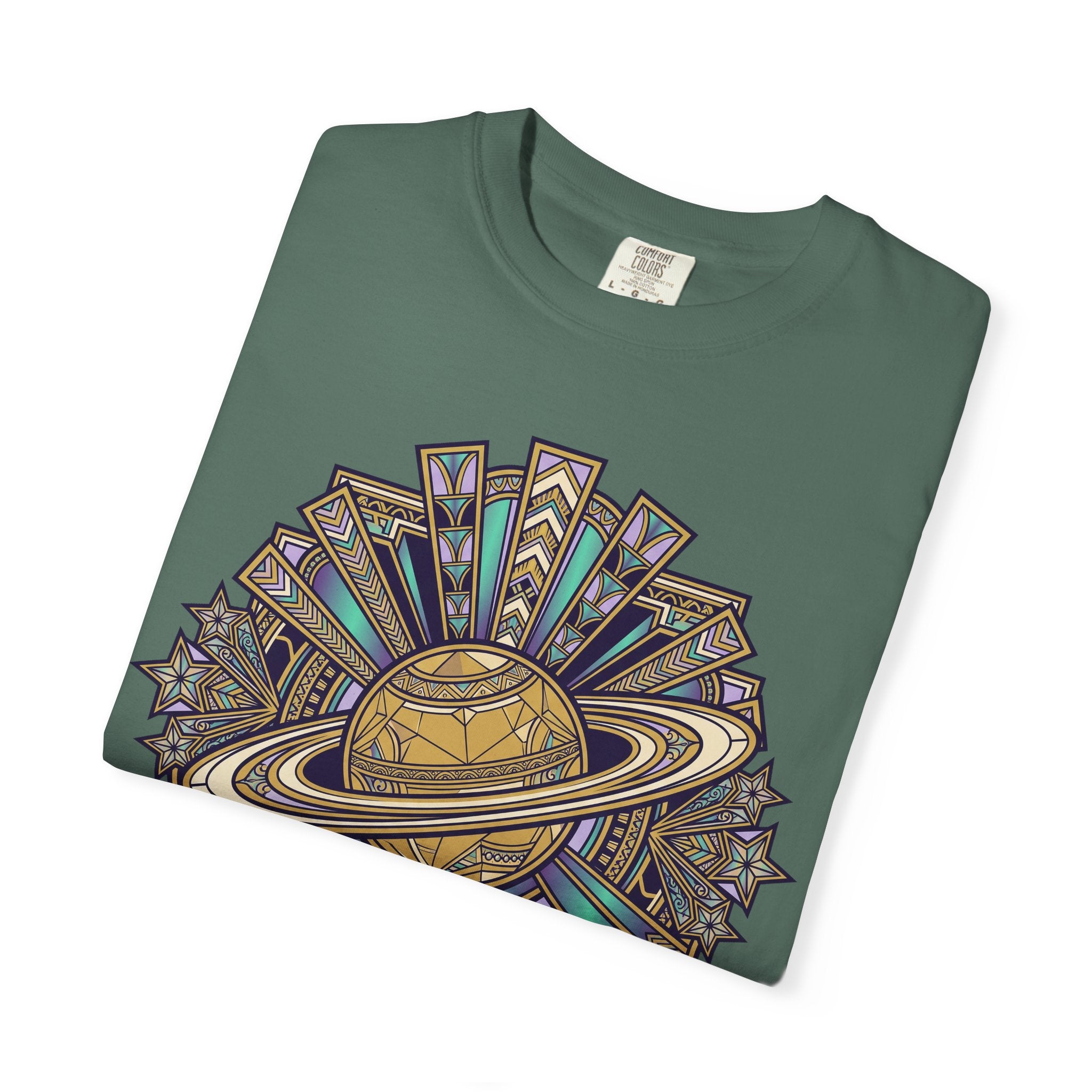 Forest green crew-neck T-shirt with colorful celestial Saturn graphic on front.
