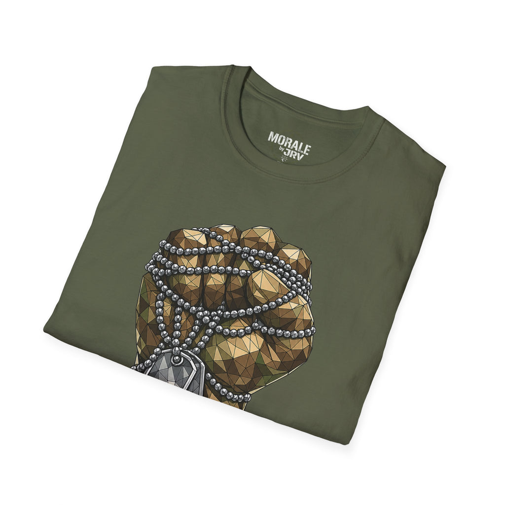 Fist with Dog Tags T-Shirt in Military Green with geometric dog-tag fist graphic