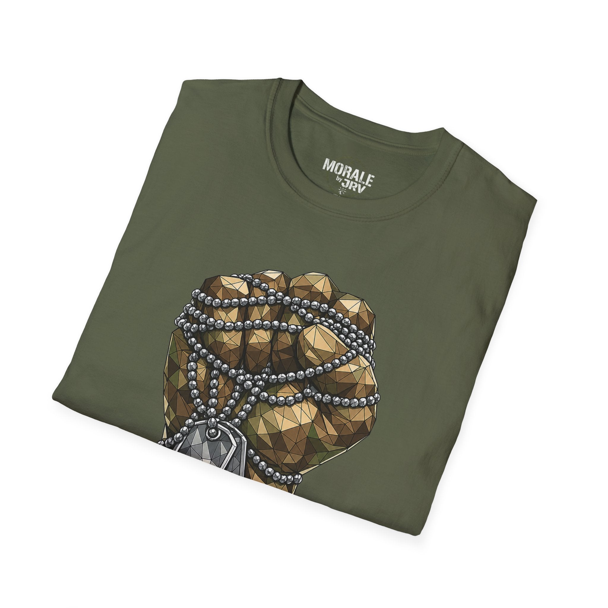Fist with Dog Tags T-Shirt in Military Green with geometric dog-tag fist graphic