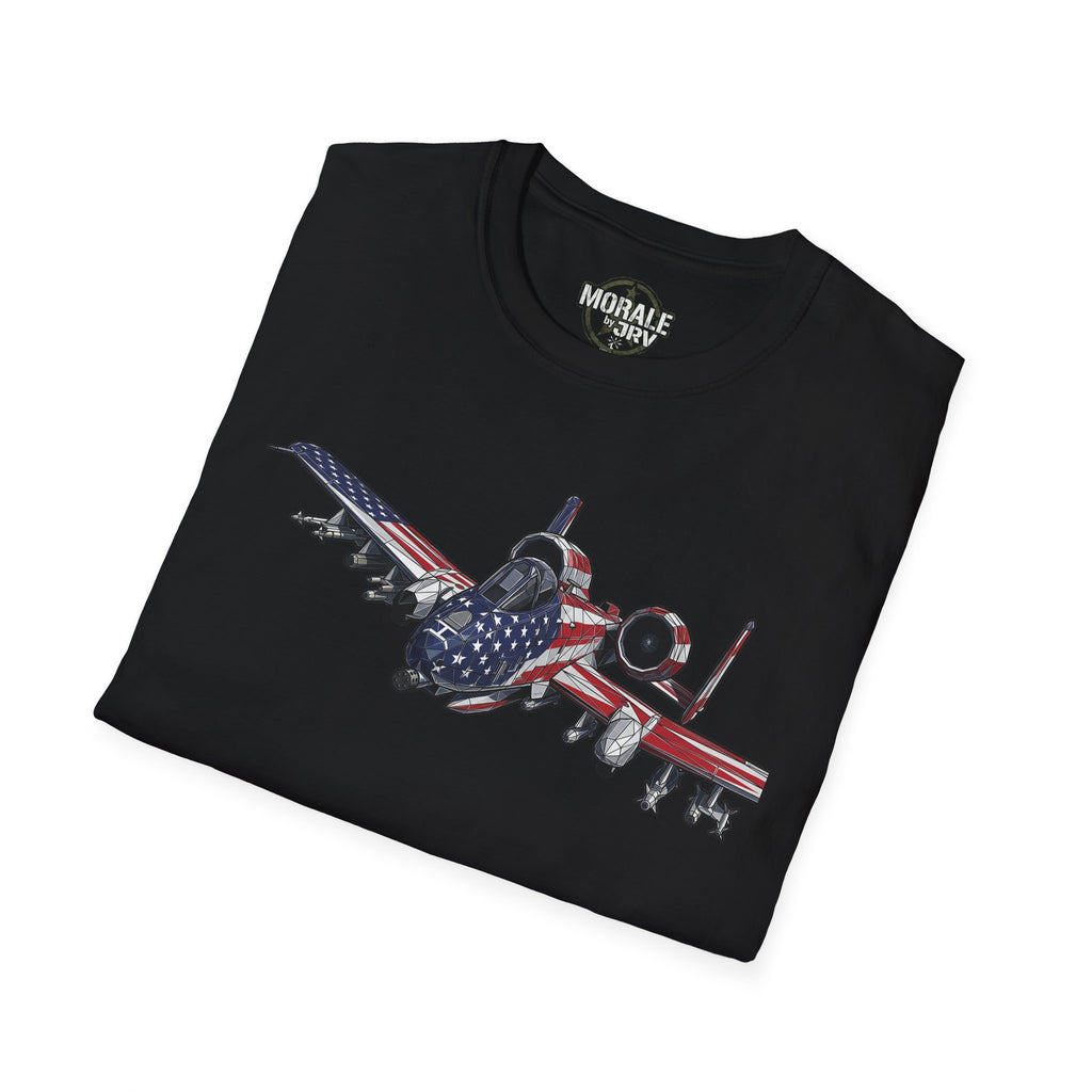 Black T-shirt with A-10 Warthog graphic and American flag stripes