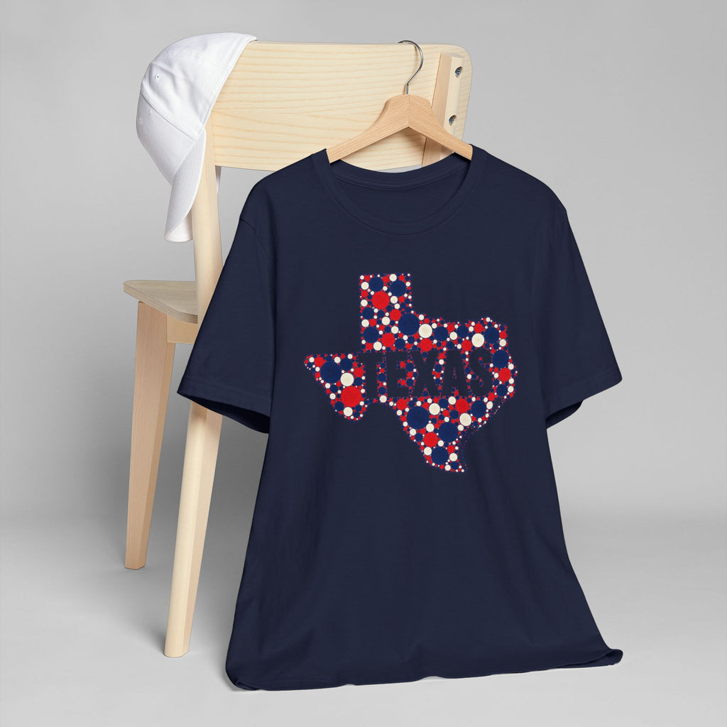 Navy crew-neck T-shirt with dotted Texas graphic in red, white, and blue