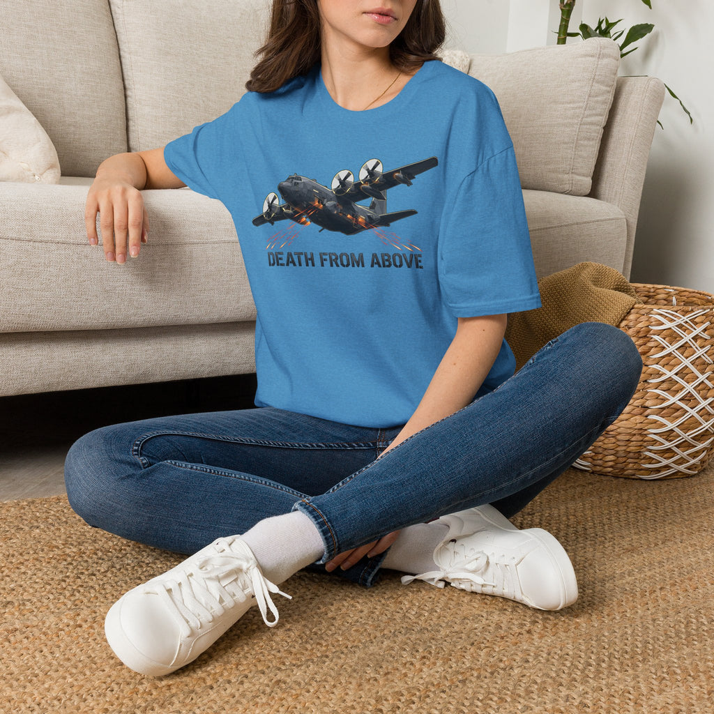 Blue bomber plane graphic t-shirt with 'Death From Above' text, crew neck