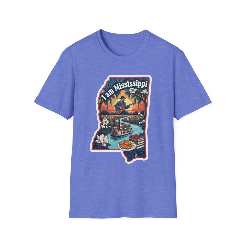 Heather Purple T-shirt with colorful Mississippi state graphic, riverboat and magnolia flowers