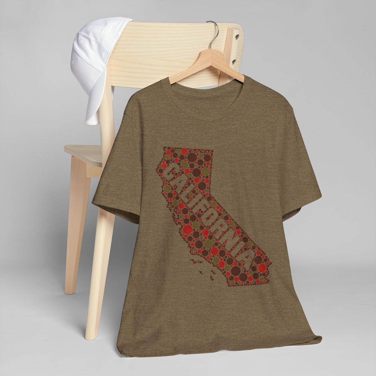 Brown crew-neck T-shirt with red floral dotted California outline graphic.