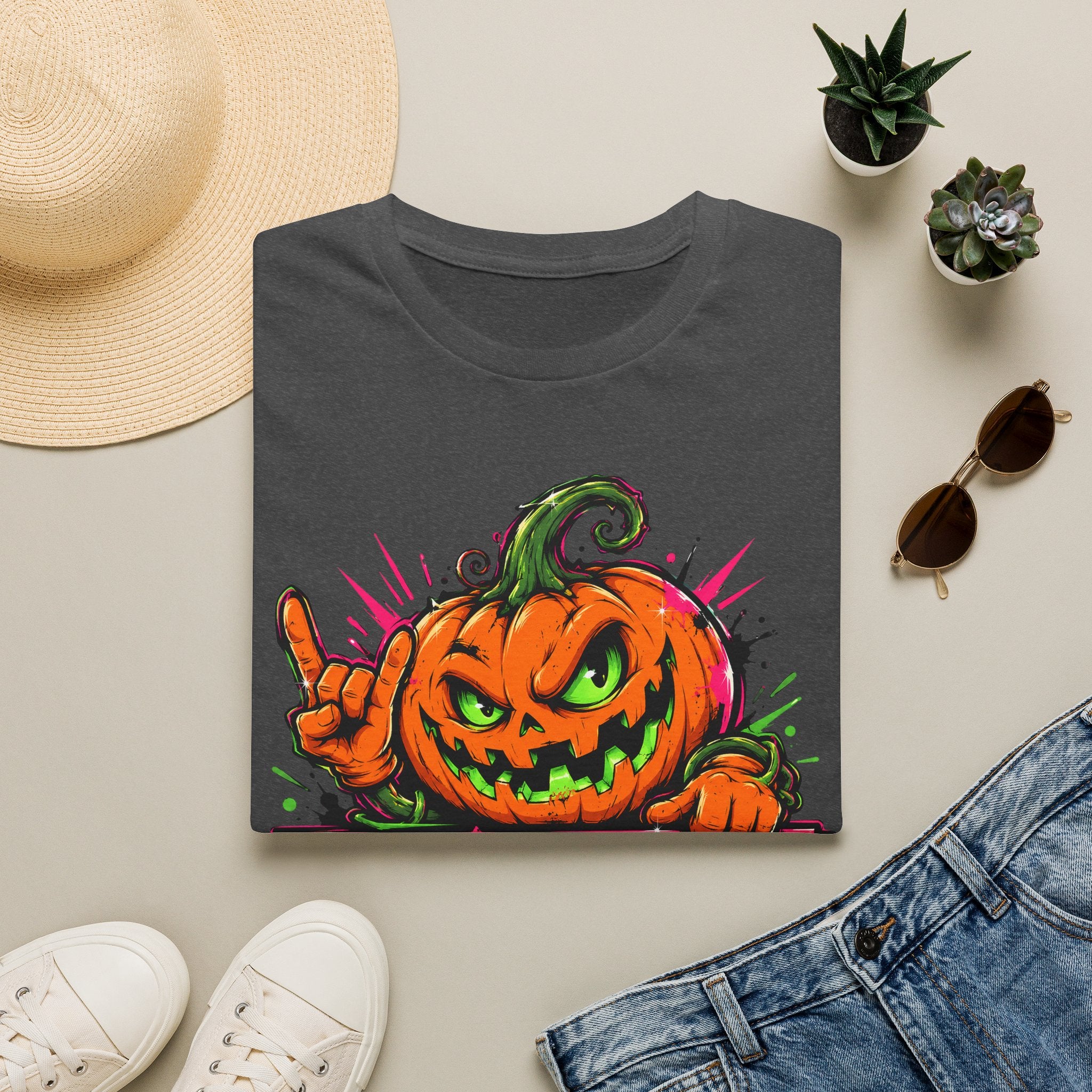 Dark gray Halloween graphic T-shirt with jack-o-lantern smiling face print