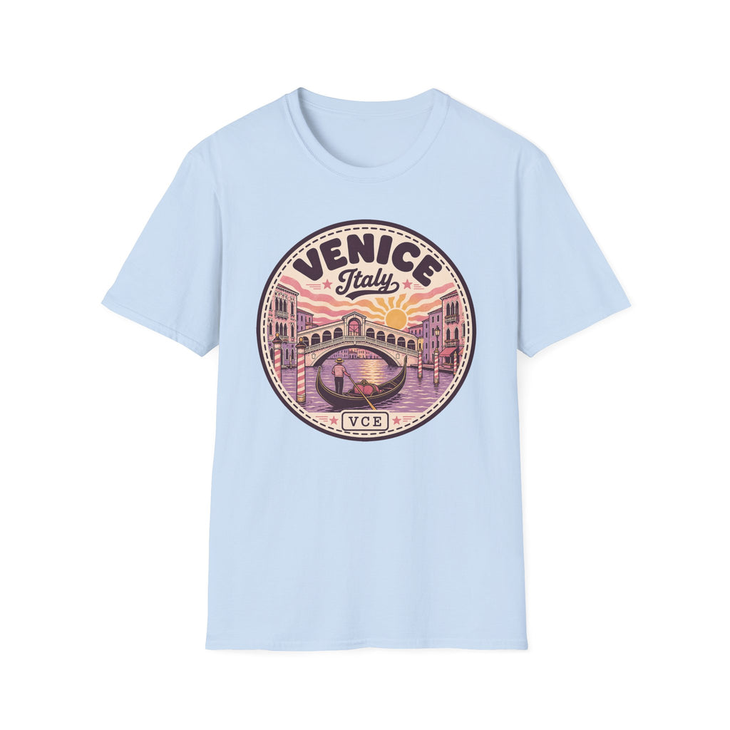 Light blue graphic T-shirt with circular Venice Italy sunset bridge logo print