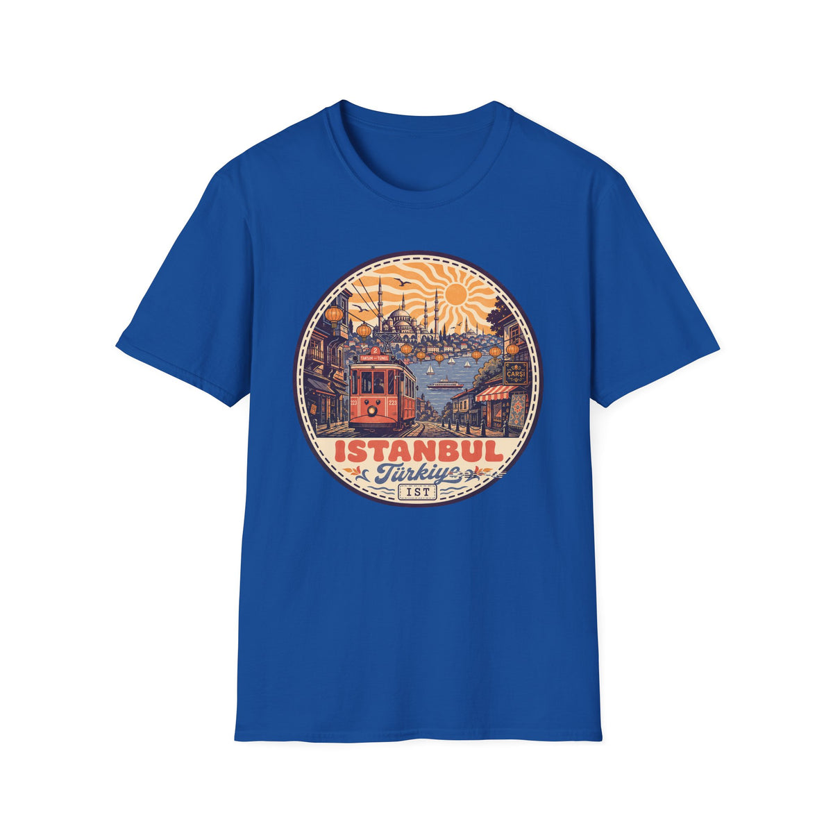 Royal blue T-shirt with circular Istanbul vintage tram graphic print on the chest