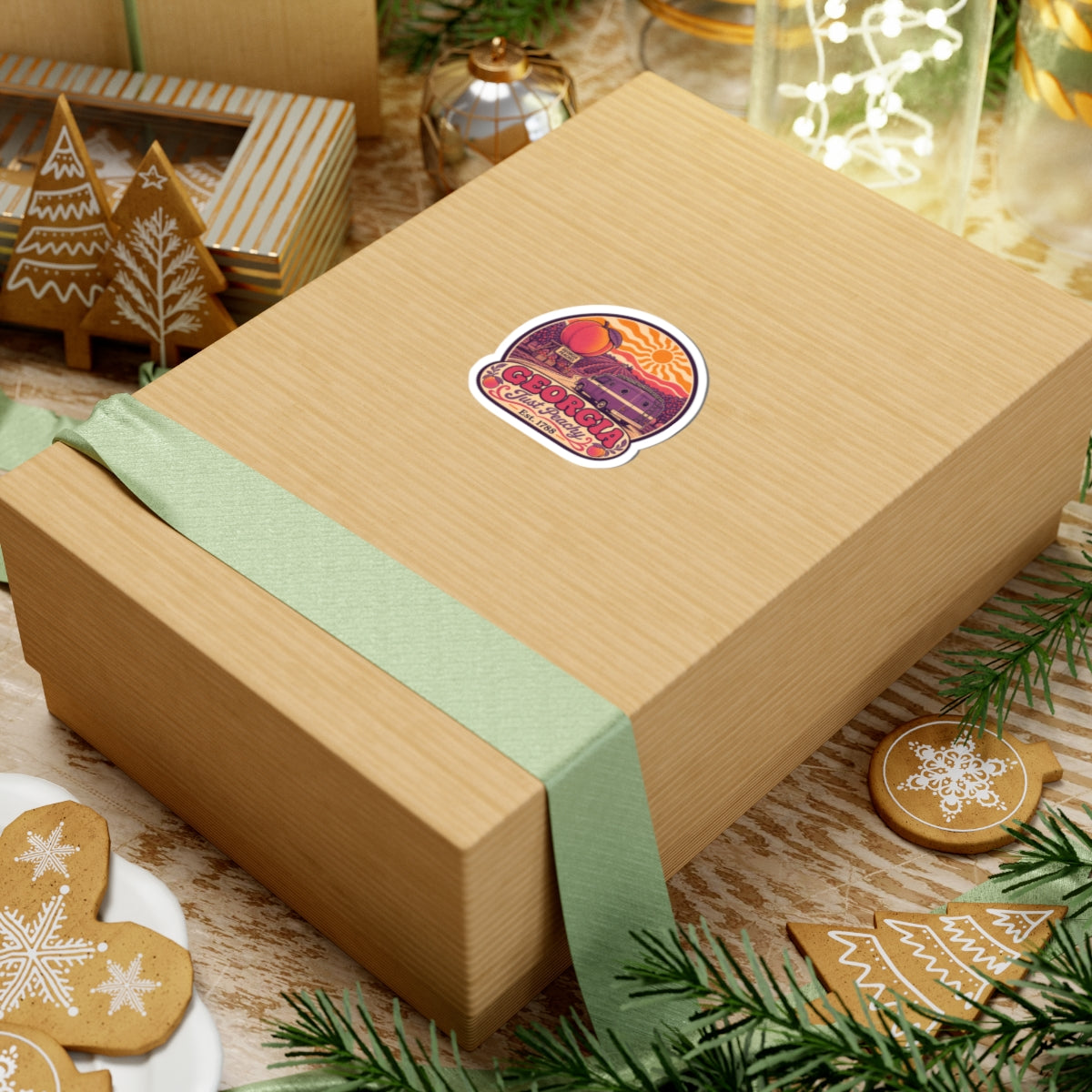 Round retro sticker decal on gift box with Georgia Just Peachy and peach farm van illustration