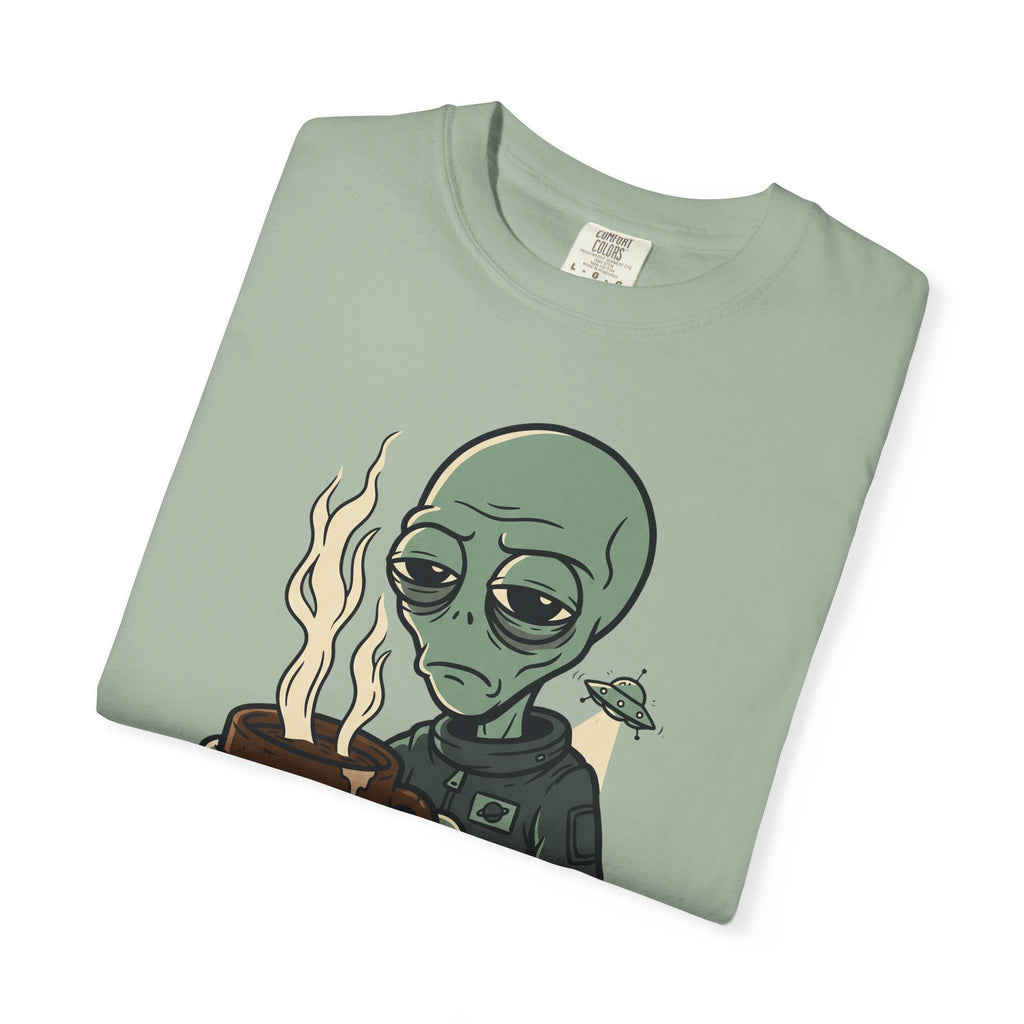 Sage green short-sleeve T-shirt with alien and coffee “PROBE ME” graphic on chest