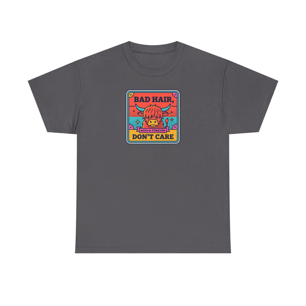 Charcoal t-shirt with square cow graphic reading “Bad Hair Don’t Care”.