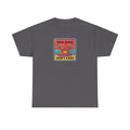 Charcoal t-shirt with square cow graphic reading “Bad Hair Don’t Care”.