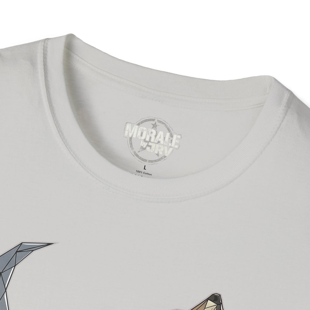 Lone Wolf T-shirt, light gray crew neck label area with circular logo