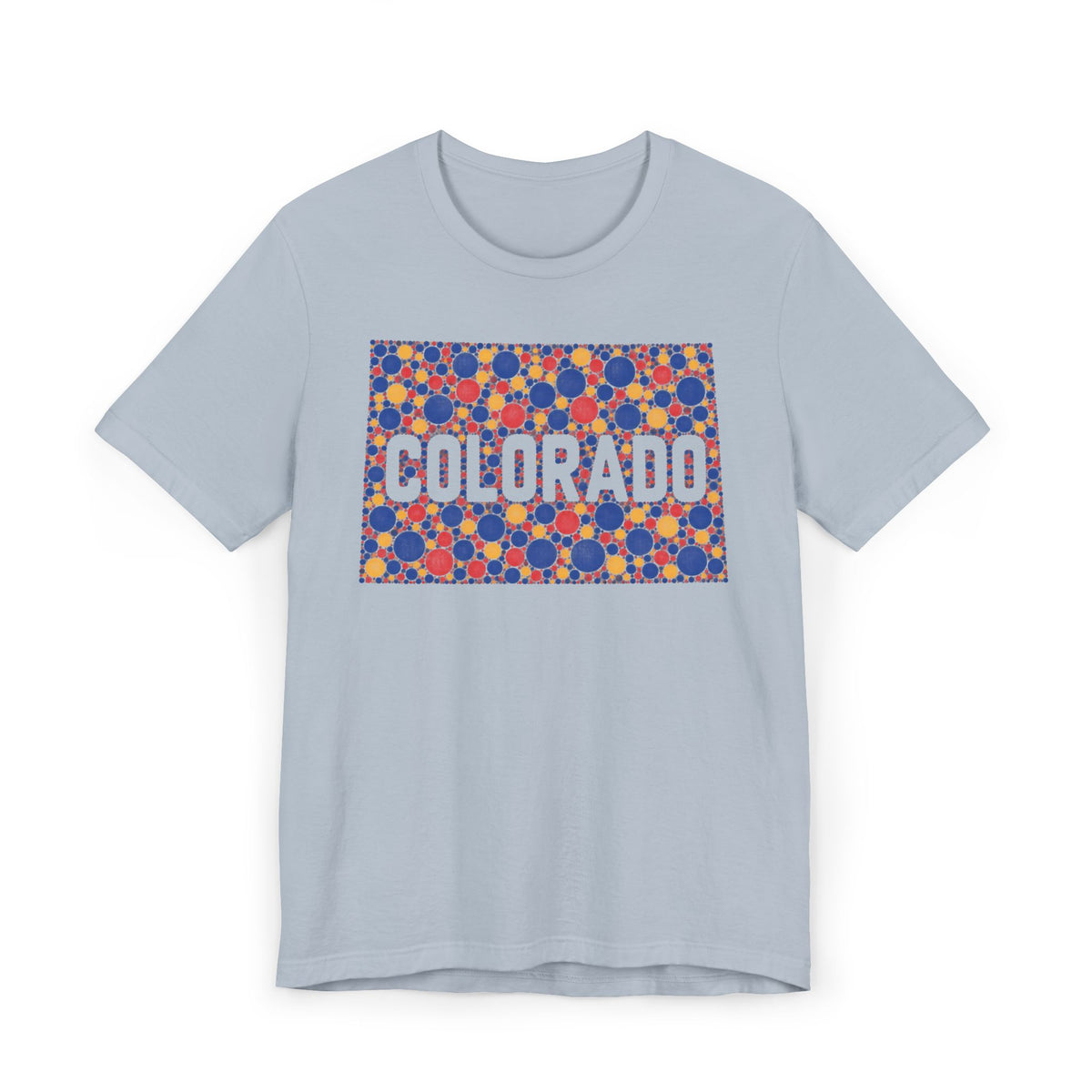 Light blue crew-neck t-shirt with colorful patterned "COLORADO" graphic rectangle