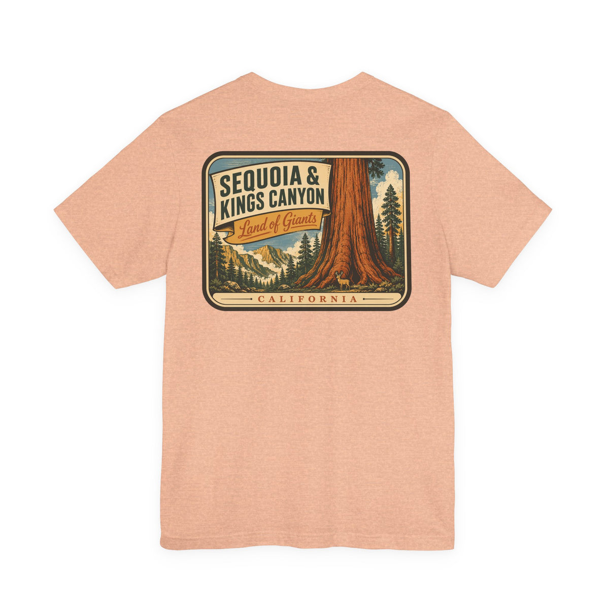 Peach crew-neck T-shirt with Sequoia & Kings Canyon rectangle front graphic