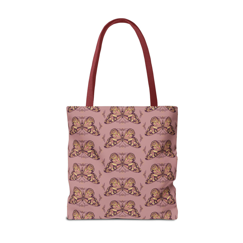 Butterfly-pattern tote bag in pink with brown-red handles, upright front
