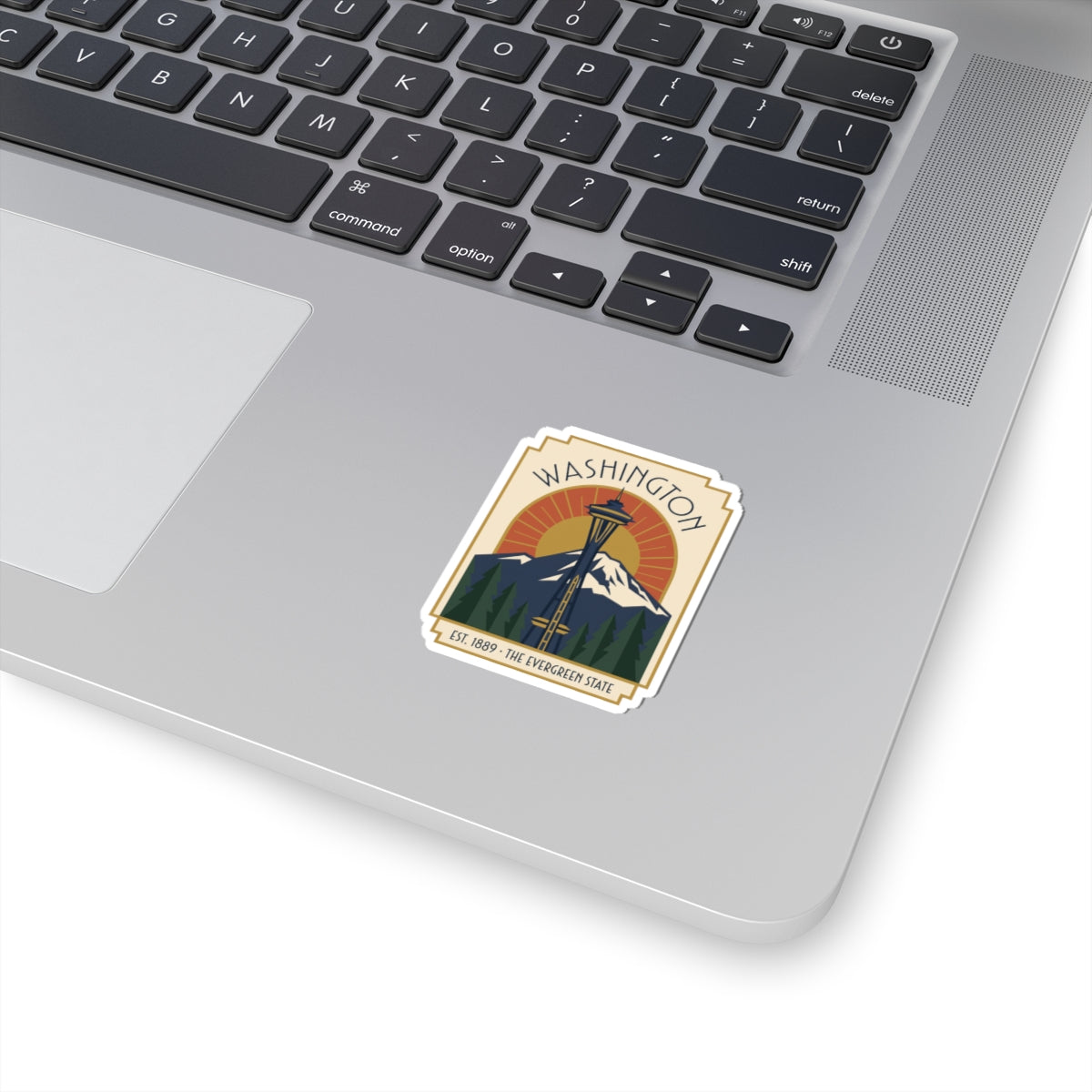 Washington sticker, badge-style vinyl with vintage Space Needle illustration, kiss-cut shape
