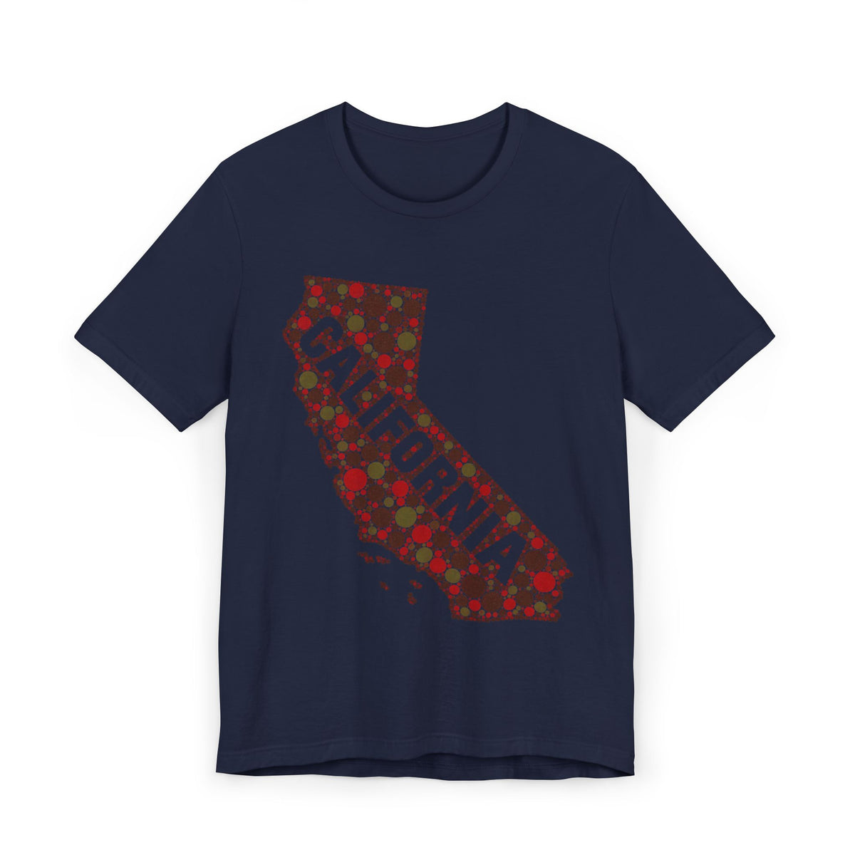 Navy short-sleeve T-shirt with red floral dot California outline graphic