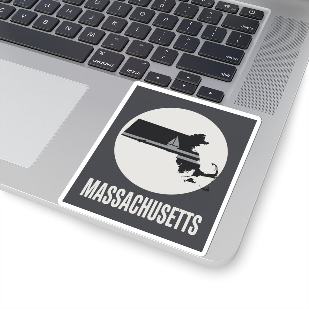 Massachusetts sailboat silhouette sticker with “MASSACHUSETTS” text, on laptop lid