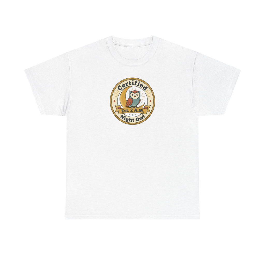White crewneck T-shirt with round owl badge print on chest