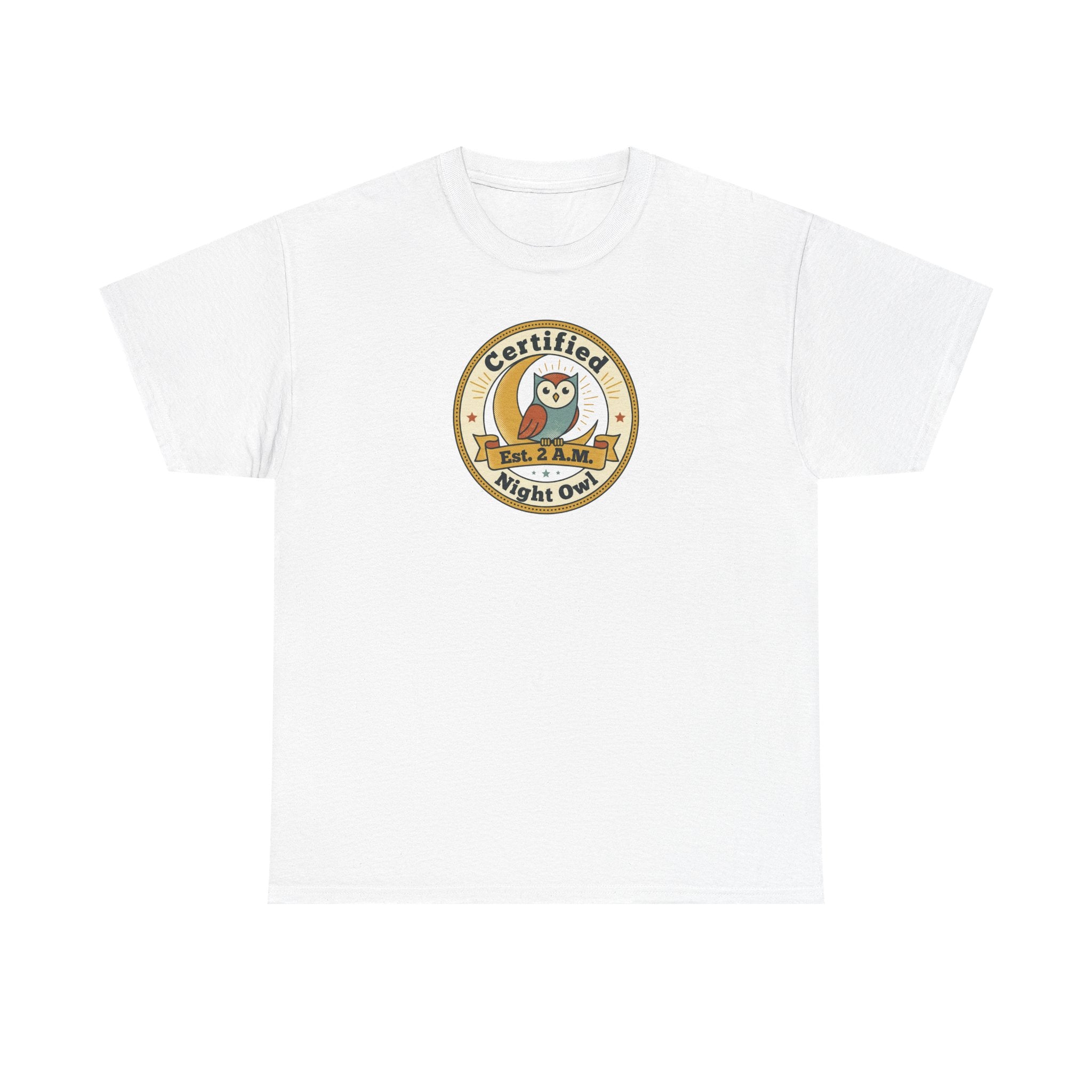 White crewneck T-shirt with round owl badge print on chest
