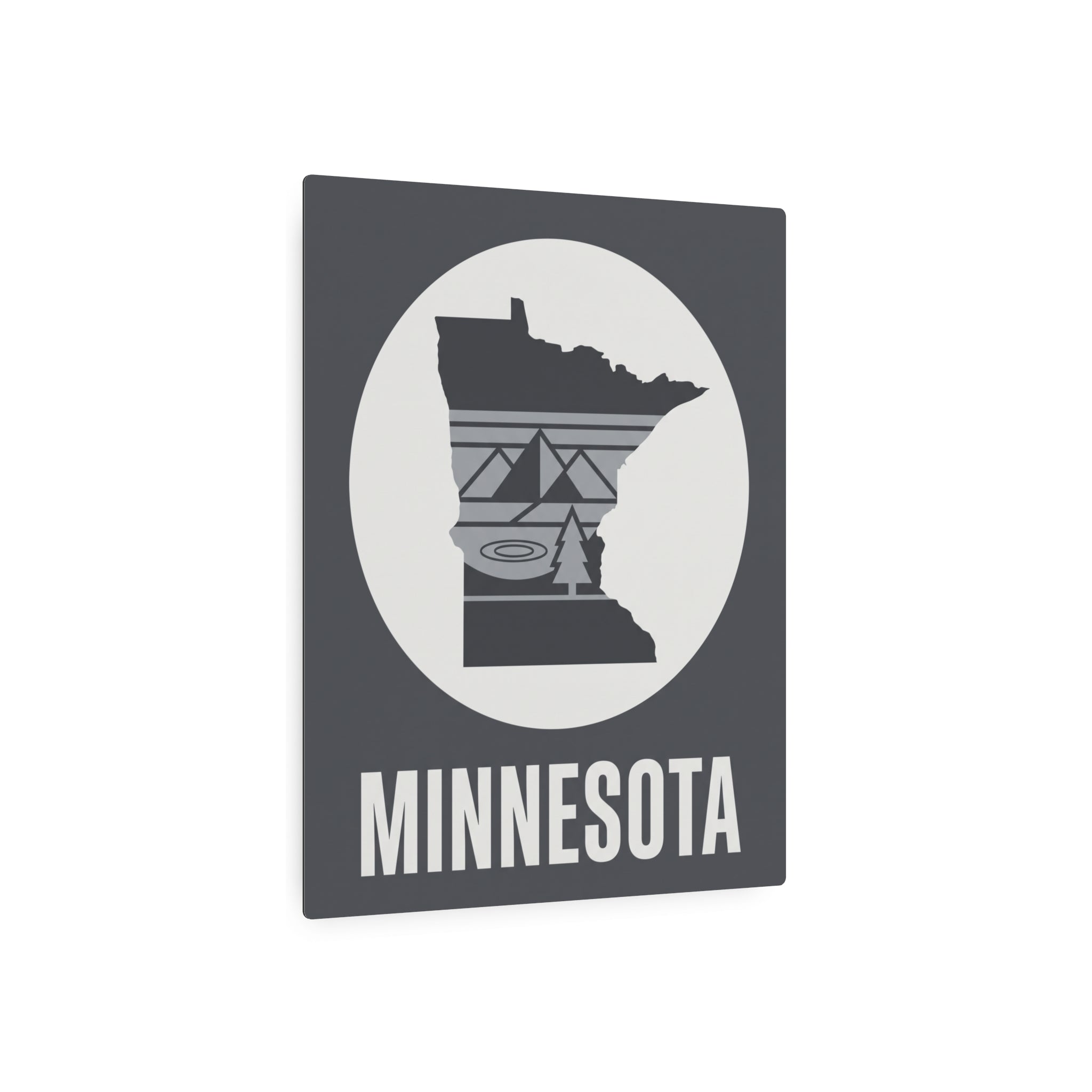 Dark gray metal wall sign with Minnesota silhouette in oval and MINNESOTA text