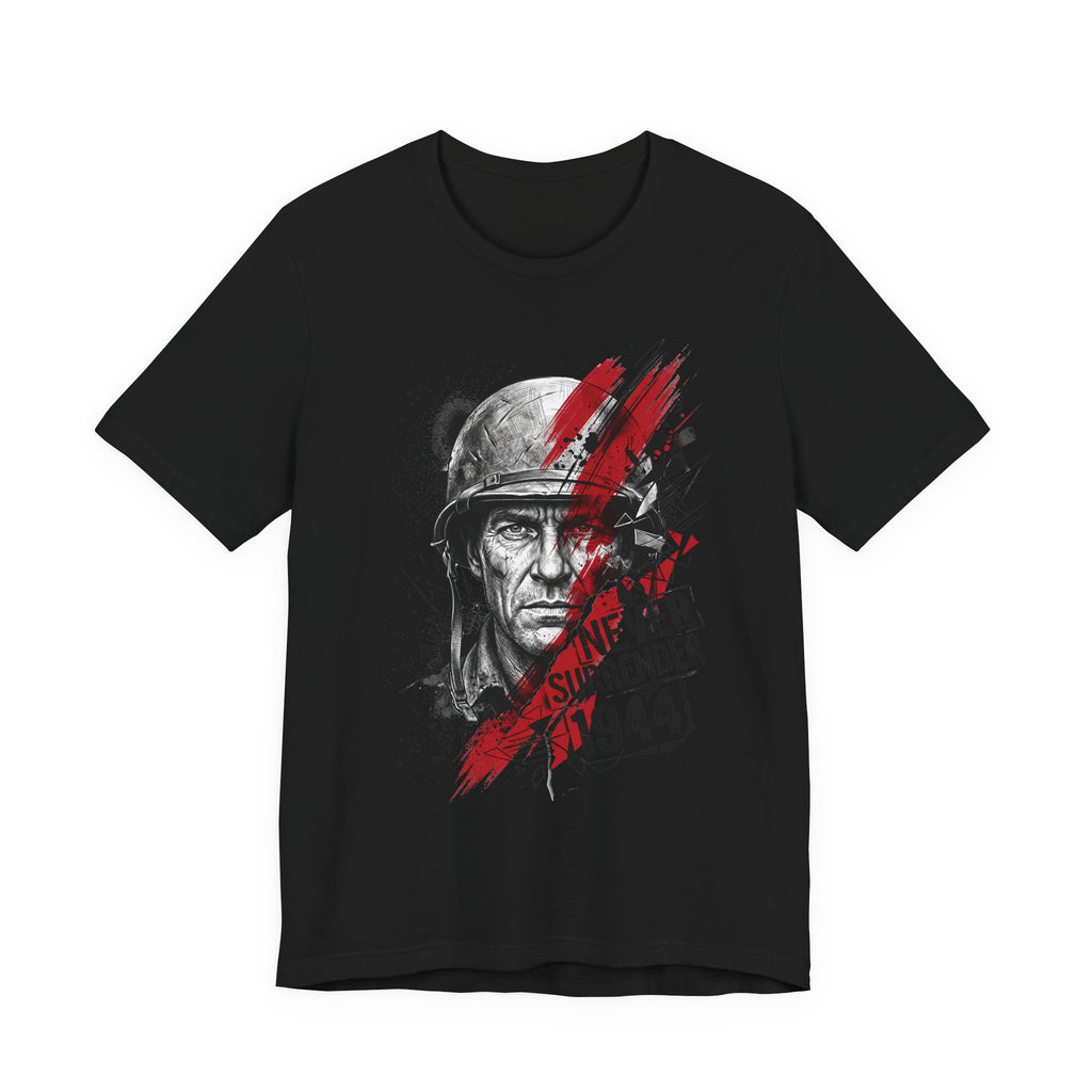 Black crewneck t-shirt with WWII veteran portrait graphic in red and black