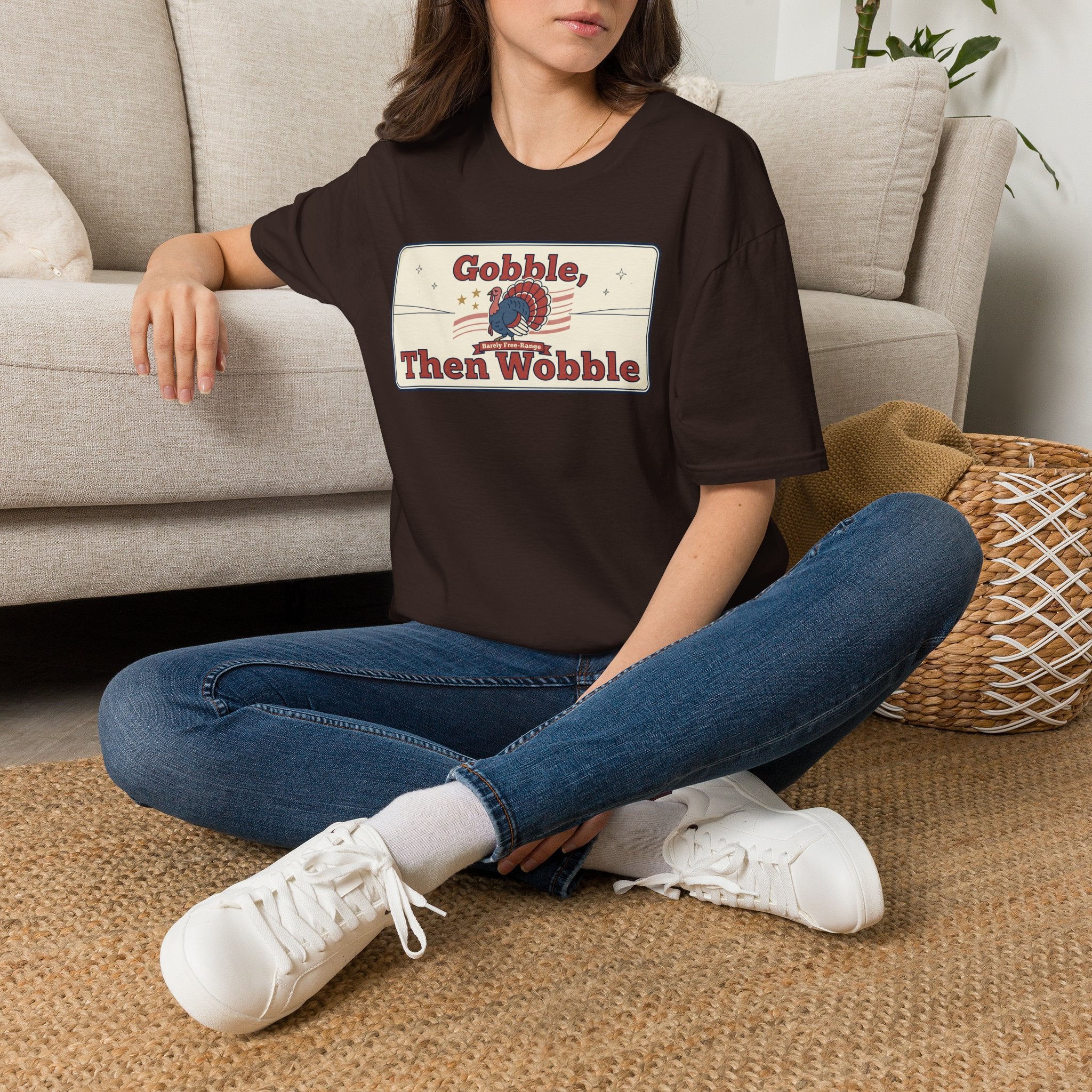 Dark chocolate T-shirt with “Gobble Then Wobble” turkey graphic on the chest.