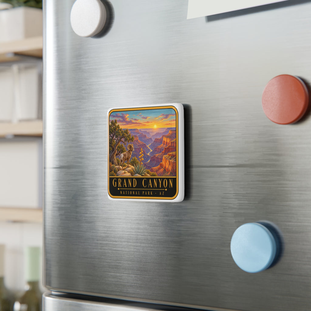 Square white porcelain fridge magnet with Grand Canyon sunset landscape on stainless steel