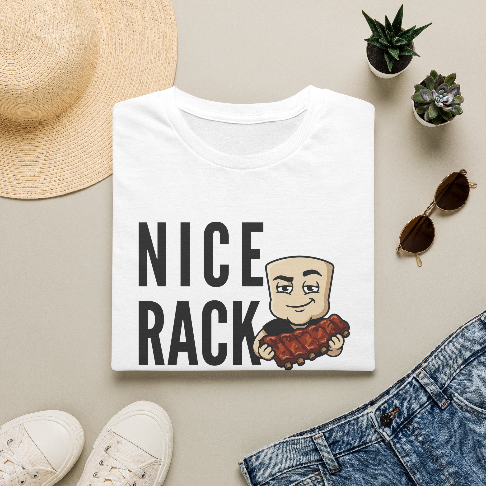 White T-shirt with bold “Nice Rack” letters and cartoon BBQ ribs graphic