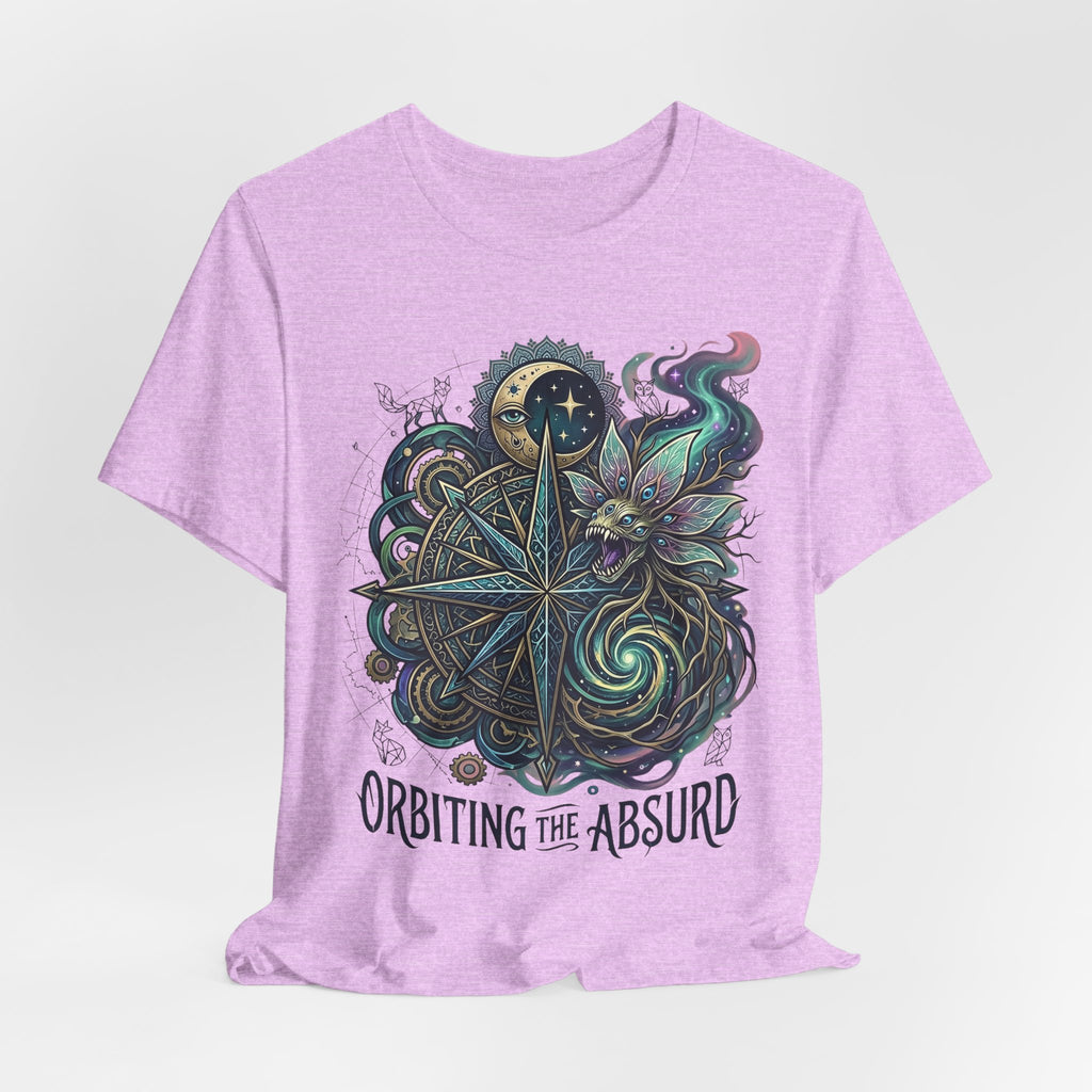 Celestial Compass T-Shirt, lilac heather, compass graphic with “ORBITING THE ABSURD” text