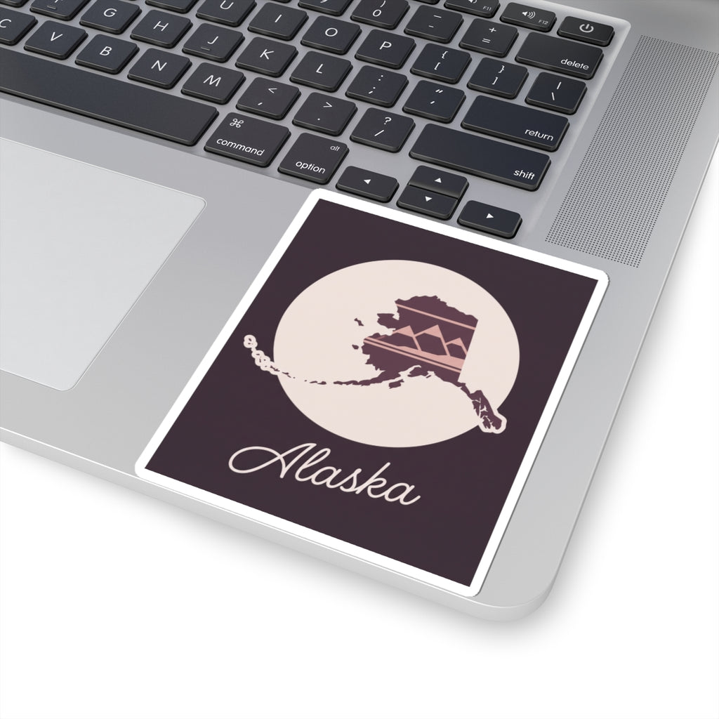 Square Alaska silhouette kiss-cut vinyl decal with cream moon circle, mauve map, cursive Alaska