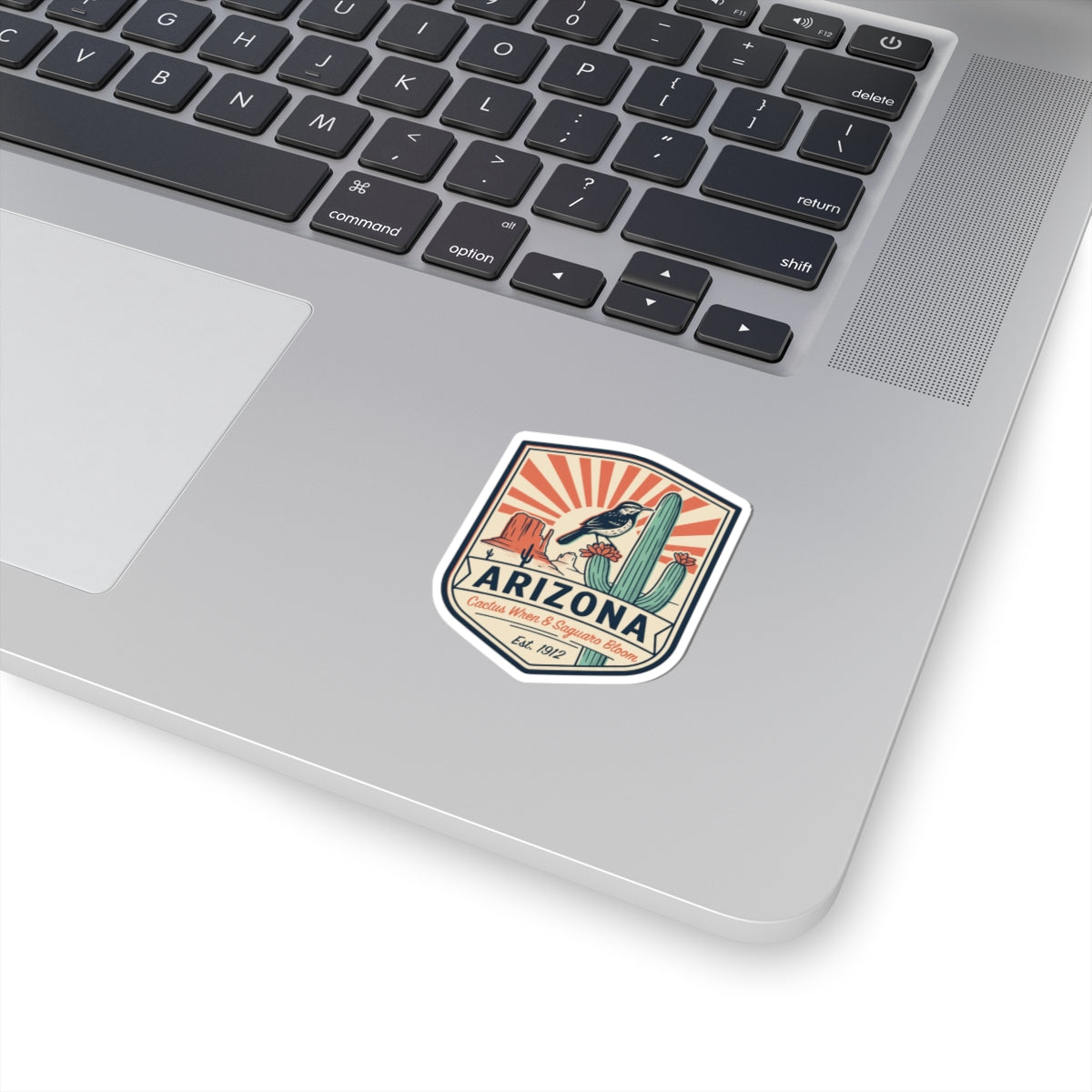 Arizona vintage badge sticker with cactus and wren, multicolor shield with ARIZONA text
