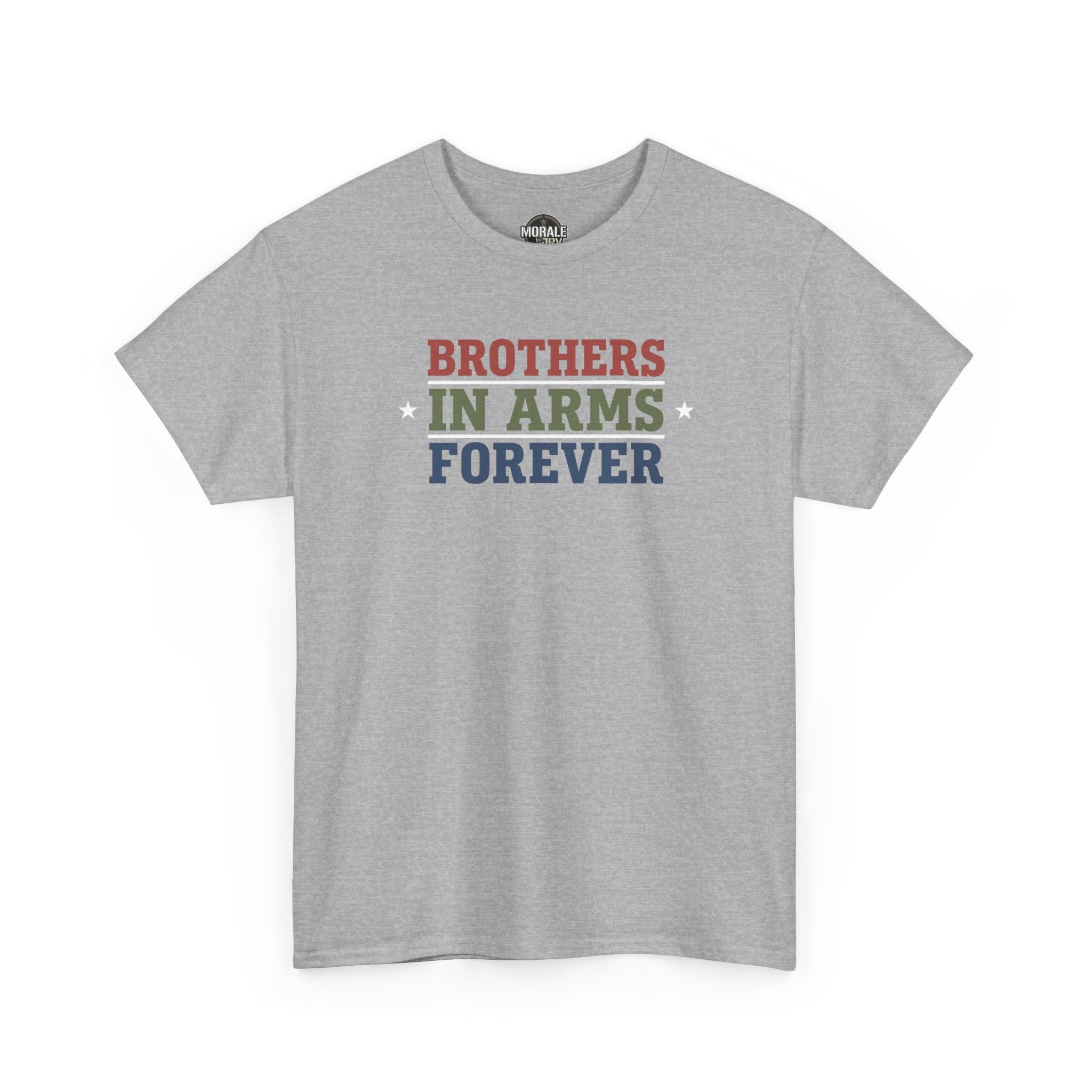 Sport grey crew-neck T-shirt with multicolor retro block text graphic on chest