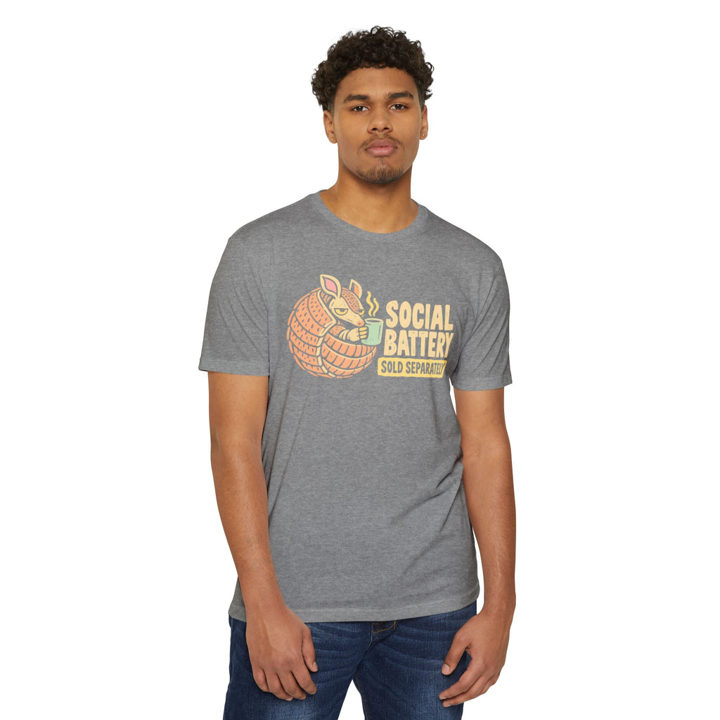 Gray crewneck T-shirt with orange armadillo graphic and 'SOCIAL BATTERY' text