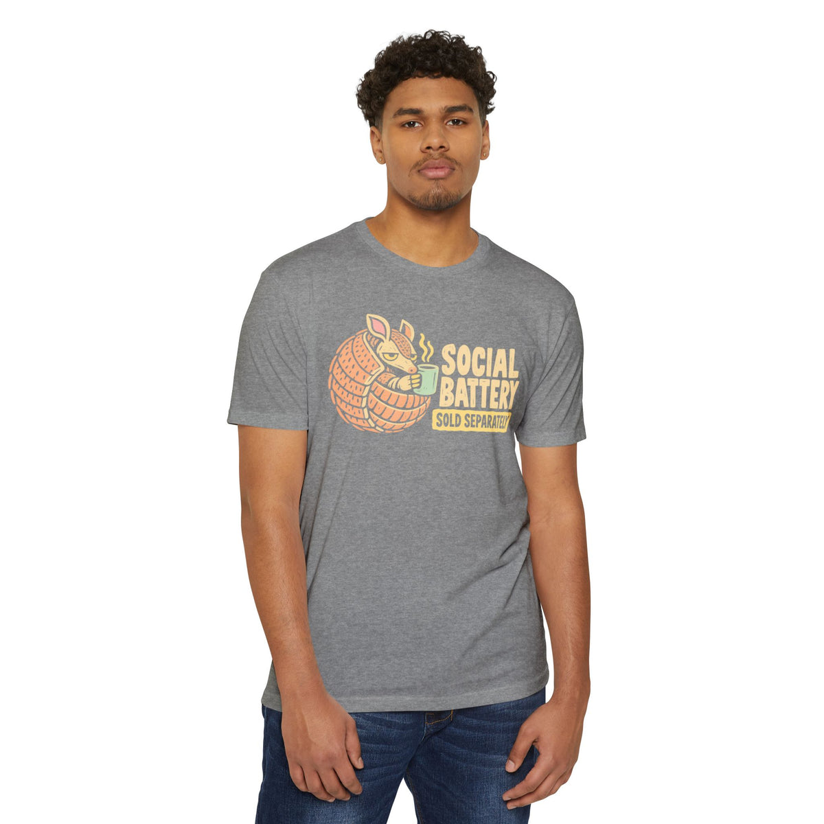 Gray crewneck T-shirt with orange armadillo graphic and 'SOCIAL BATTERY' text