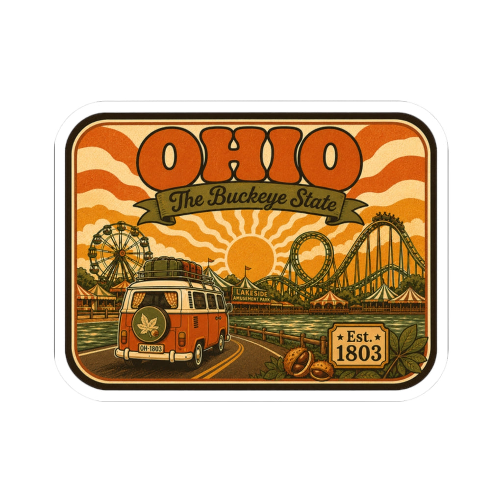 Retro Ohio sticker with orange landscape, Ferris wheel and roller coaster, Est. 1803