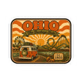 Retro Ohio sticker with orange landscape, Ferris wheel and roller coaster, Est. 1803
